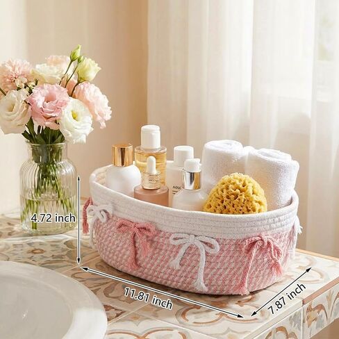 3-Piece Pink Bow Small Basket Set: Woven Cotton Rope Storage Bins, Cute Laundry Hamper & Organizer for Closet, Shelf, Nursery, Toys (11.8''x7.8''x4.7'') in Kuwait