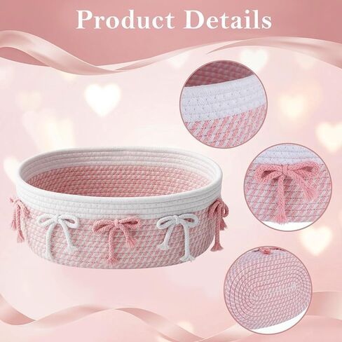3-Piece Pink Bow Small Basket Set: Woven Cotton Rope Storage Bins, Cute Laundry Hamper & Organizer for Closet, Shelf, Nursery, Toys (11.8''x7.8''x4.7'') in Kuwait