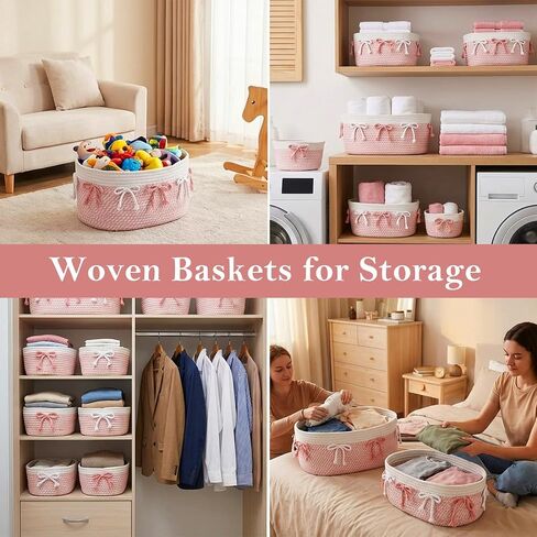 3-Piece Pink Bow Small Basket Set: Woven Cotton Rope Storage Bins, Cute Laundry Hamper & Organizer for Closet, Shelf, Nursery, Toys (11.8''x7.8''x4.7'') in Kuwait