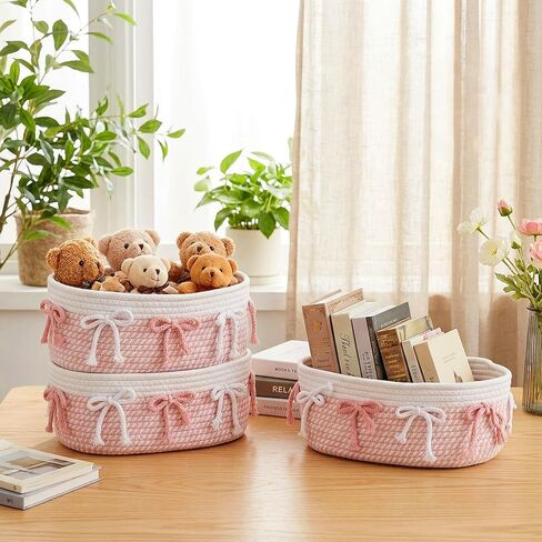 3-Piece Pink Bow Small Basket Set: Woven Cotton Rope Storage Bins, Cute Laundry Hamper & Organizer for Closet, Shelf, Nursery, Toys (11.8''x7.8''x4.7'') in Kuwait