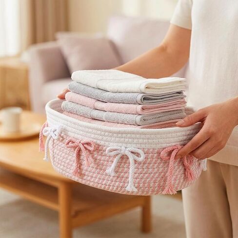3-Piece Pink Bow Small Basket Set: Woven Cotton Rope Storage Bins, Cute Laundry Hamper & Organizer for Closet, Shelf, Nursery, Toys (11.8''x7.8''x4.7'') in Kuwait