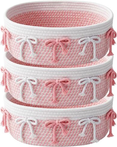3-Piece Pink Bow Small Basket Set: Woven Cotton Rope Storage Bins, Cute Laundry Hamper & Organizer for Closet, Shelf, Nursery, Toys (11.8''x7.8''x4.7'') in Kuwait