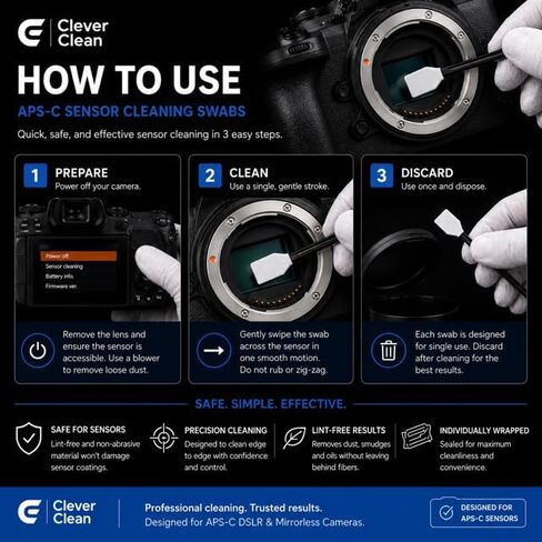 Clever Clean APS-C Camera Sensor Cleaning Swabs KIt- Professional Sensor Cleaning Kit for DSLR & Mirrorless Cameras- APS-C Sensor Swabs with Microfiber Cloth in Kuwait