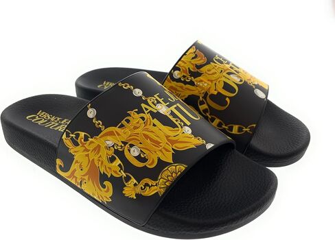 VERSACE JEANS COUTURE Womens Black/Gold Signature Pattern Pool Slide-EU35 in Kuwait