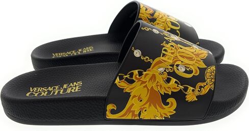 VERSACE JEANS COUTURE Womens Black/Gold Signature Pattern Pool Slide-EU35 in Kuwait