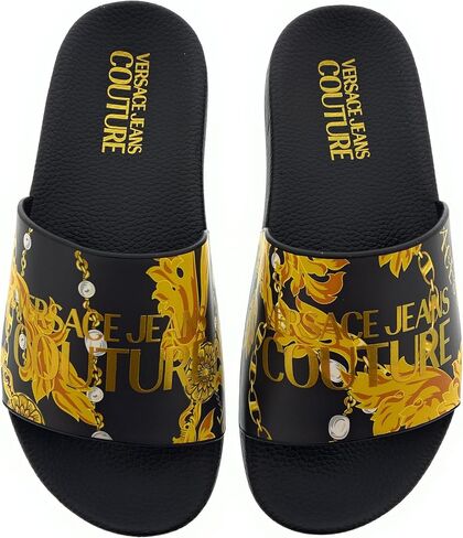 VERSACE JEANS COUTURE Womens Black/Gold Signature Pattern Pool Slide-EU35 in Kuwait