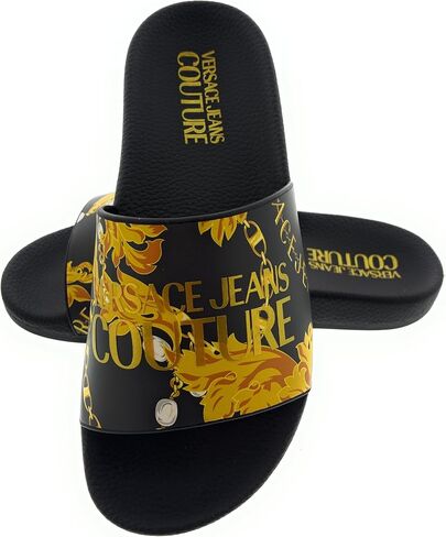VERSACE JEANS COUTURE Womens Black/Gold Signature Pattern Pool Slide-EU35 in Kuwait