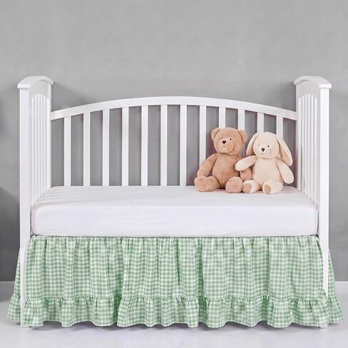 Gingham Crib Skirt Dust Ruffle 52 x 28 Inch 100% Washed Cotton Ruffle Plaid Baby Crib Bed Skirt Soft Farmhouse for Boys & Girls Nursery Bedding Decor, Fits Standard Cribs(Blue) in Kuwait