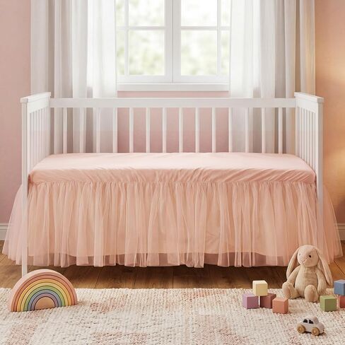 Oudain Pink Lace Crib Bed Skirts for Girls Dust Ruffle Bed Skirt with Selastic Band, Fits 28''x 52'' with 14" Drop Crib Bedding Skirt for Girls Boys Nursery Toddler in Kuwait