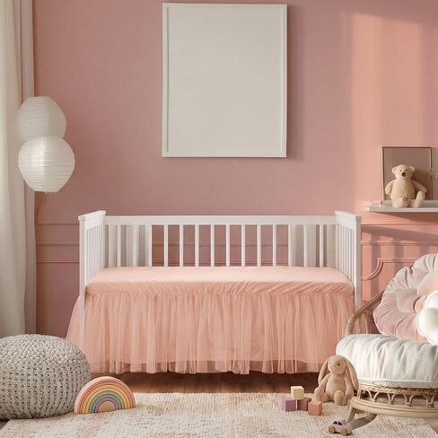 Oudain Pink Lace Crib Bed Skirts for Girls Dust Ruffle Bed Skirt with Selastic Band, Fits 28''x 52'' with 14" Drop Crib Bedding Skirt for Girls Boys Nursery Toddler in Kuwait