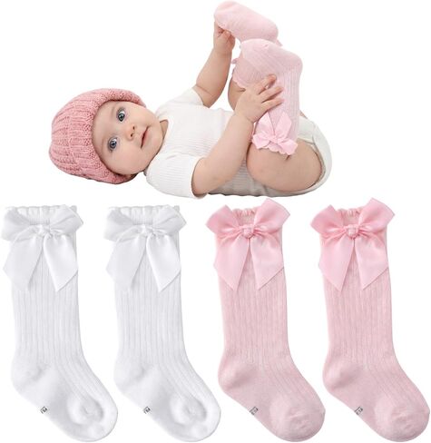 2 Pairs Preemie Newborn Baby Ankle Socks, Soft Ruffle Turn Cuff Cotton Bows Tube Socks Non-slip Warm Sock Ideal for Daily Wear and Special Occasion Gifts in Kuwait