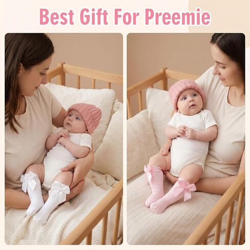 2 Pairs Preemie Newborn Baby Ankle Socks, Soft Ruffle Turn Cuff Cotton Bows Tube Socks Non-slip Warm Sock Ideal for Daily Wear and Special Occasion Gifts in Kuwait