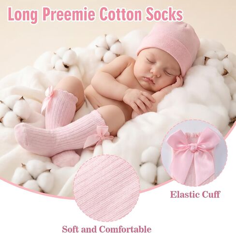 2 Pairs Preemie Newborn Baby Ankle Socks, Soft Ruffle Turn Cuff Cotton Bows Tube Socks Non-slip Warm Sock Ideal for Daily Wear and Special Occasion Gifts in Kuwait