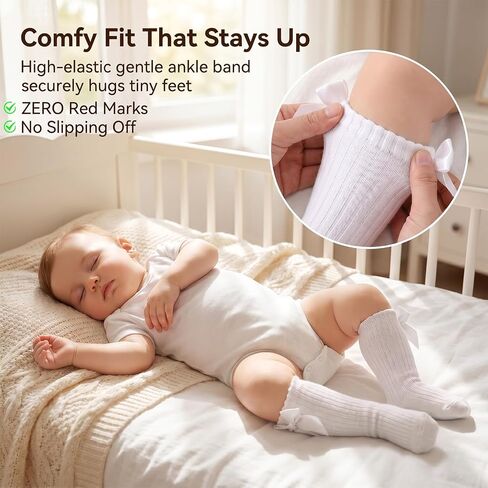 2 Pairs Preemie Newborn Baby Ankle Socks, Soft Ruffle Turn Cuff Cotton Bows Tube Socks Non-slip Warm Sock Ideal for Daily Wear and Special Occasion Gifts in Kuwait