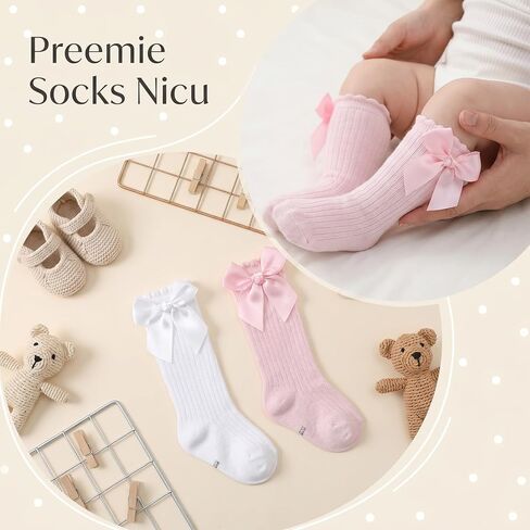 2 Pairs Preemie Newborn Baby Ankle Socks, Soft Ruffle Turn Cuff Cotton Bows Tube Socks Non-slip Warm Sock Ideal for Daily Wear and Special Occasion Gifts in Kuwait