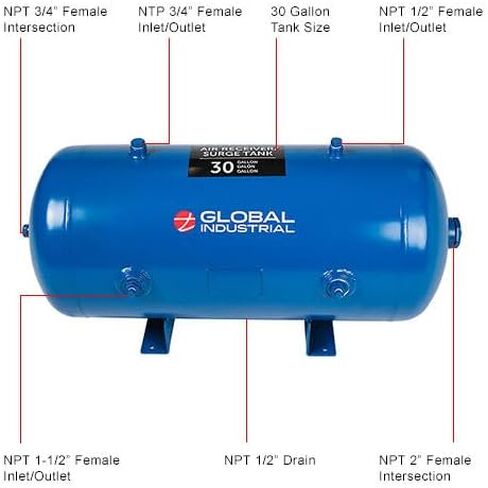Global Industrial Horizontal Air Receiver Surge Tank, 30 Gallon Capacity | Multiple NPT Port Sizes, Steel Tank, 175 PSI, 39-13/16"L x 17"W x 18-1/2"H, Blue in Kuwait