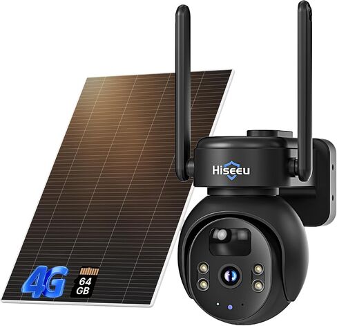 Hiseeu 4G LTE Cellular Security Camera Solar Powered, No WiFi Security Camera Wireless Outdoor, PIR Motion, 2 Way Talk, 360° PTZ, 2K Color Night Vision, 64G SD & SIM Card Included in Kuwait