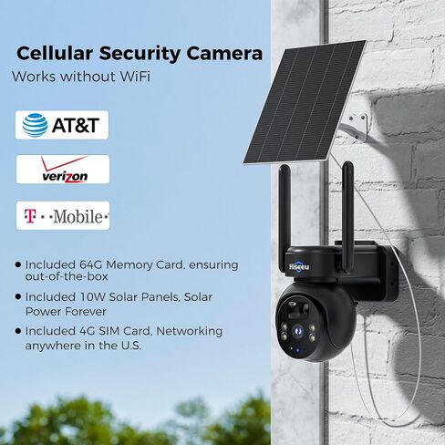 Hiseeu 4G LTE Cellular Security Camera Solar Powered, No WiFi Security Camera Wireless Outdoor, PIR Motion, 2 Way Talk, 360° PTZ, 2K Color Night Vision, 64G SD & SIM Card Included in Kuwait