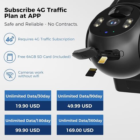 Hiseeu 4G LTE Cellular Security Camera Solar Powered, No WiFi Security Camera Wireless Outdoor, PIR Motion, 2 Way Talk, 360° PTZ, 2K Color Night Vision, 64G SD & SIM Card Included in Kuwait