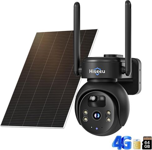 Hiseeu 4G LTE Cellular Security Camera Solar Powered, No WiFi Security Camera Wireless Outdoor, PIR Motion, 2 Way Talk, 360° PTZ, 2K Color Night Vision, 64G SD & SIM Card Included in Kuwait