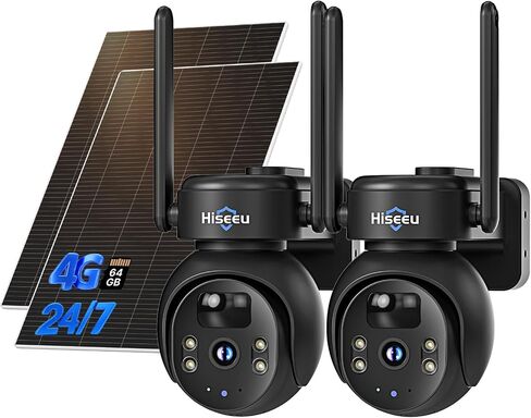 Hiseeu 4G LTE Cellular Security Camera Solar Powered, No WiFi Security Camera Wireless Outdoor, 24/7, PIR Motion, 2 Way Talk, 360° PT, 2K Color Night Vision, 64G SD & SIM Card Included in Kuwait