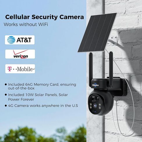 Hiseeu 4G LTE Cellular Security Camera Solar Powered, No WiFi Security Camera Wireless Outdoor, 24/7, PIR Motion, 2 Way Talk, 360° PT, 2K Color Night Vision, 64G SD & SIM Card Included in Kuwait