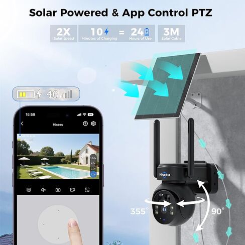 Hiseeu 4G LTE Cellular Security Camera Solar Powered, No WiFi Security Camera Wireless Outdoor, 24/7, PIR Motion, 2 Way Talk, 360° PT, 2K Color Night Vision, 64G SD & SIM Card Included in Kuwait