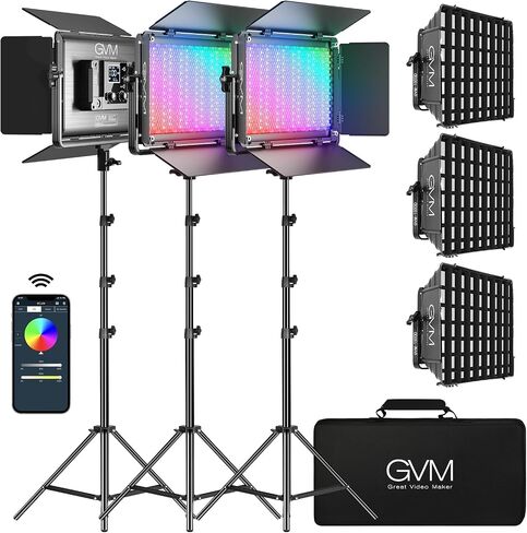 GVM 1300D RGB Video Light Kit with Softbox & Stands, 65W Photography Light with Bluetooth Control, 3 Packs Led Panel Lights for Studio YouTube, Streaming, Web Conference, Interview, 25000Lux/0.5m in Kuwait