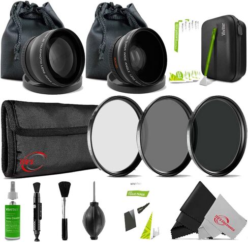Vivitar 43mm UV CPL ND8 Filter Kit + 43mm HD Multi-Coated 2.2X Telephoto Lens + 43mm 0.43X Wide Angle Lens with Macro + Professional Cleaning Kit in Saudi Arabia
