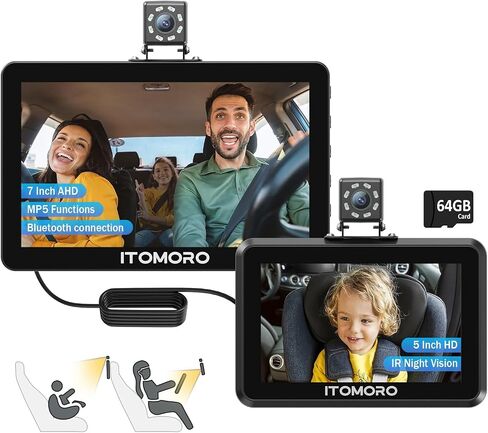 Itomoro Baby Car Camera, 5"+7" 1080P Dual Screen Car Baby Camera with Two-Way Video, Music & Video Play Supported, Night Vision & 150° Wide View Baby Monitor for Car Backseat with 64GB Storage-ACZ419 in Saudi Arabia