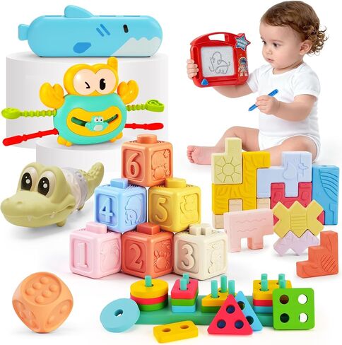 Montessori Baby Toys for 6-12 Months,Babies Travel Toy Set with Stacking Blocks, Pull Teether, Sensory Shape Sorter, Drawing Board & Harmonica, Infant Learning Gift for Toddler 1-3 Year Old in Kuwait