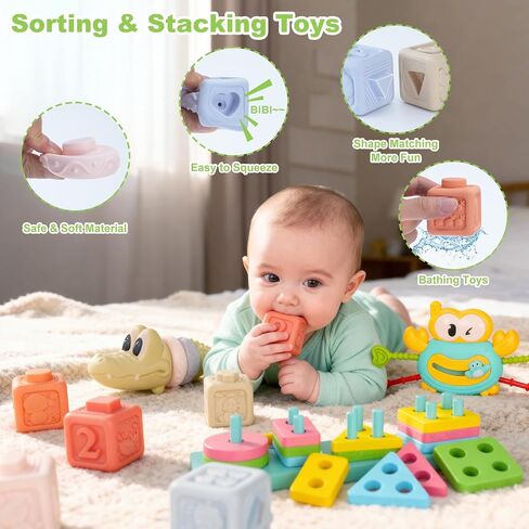 Montessori Baby Toys for 6-12 Months,Babies Travel Toy Set with Stacking Blocks, Pull Teether, Sensory Shape Sorter, Drawing Board & Harmonica, Infant Learning Gift for Toddler 1-3 Year Old in Kuwait