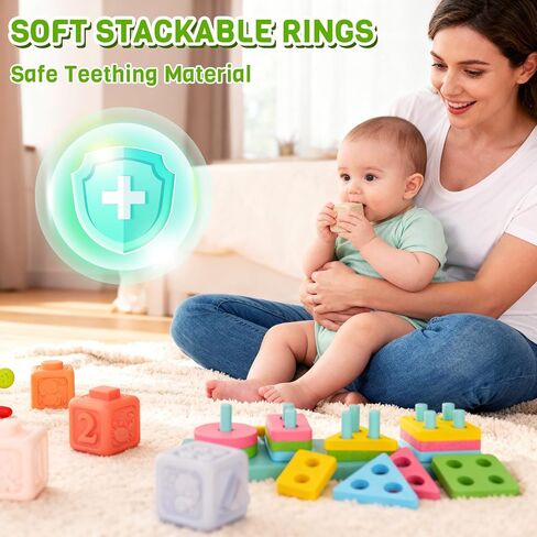 Montessori Baby Toys for 6-12 Months,Babies Travel Toy Set with Stacking Blocks, Pull Teether, Sensory Shape Sorter, Drawing Board & Harmonica, Infant Learning Gift for Toddler 1-3 Year Old in Kuwait
