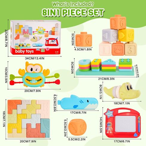 Montessori Baby Toys for 6-12 Months,Babies Travel Toy Set with Stacking Blocks, Pull Teether, Sensory Shape Sorter, Drawing Board & Harmonica, Infant Learning Gift for Toddler 1-3 Year Old in Kuwait