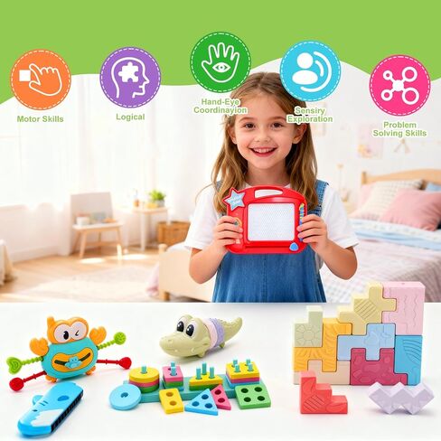 Montessori Baby Toys for 6-12 Months,Babies Travel Toy Set with Stacking Blocks, Pull Teether, Sensory Shape Sorter, Drawing Board & Harmonica, Infant Learning Gift for Toddler 1-3 Year Old in Kuwait
