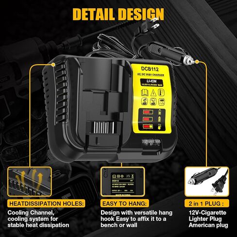 DCB112 Charger Replacement for DeWalt 12V 20V 60V Max Battery with 12V/20V DC Input Cigarette Lighter Plug & 100V-240V AC Input Charger, 2-in-1 Battery Charger and Vehicle Charger in Saudi Arabia