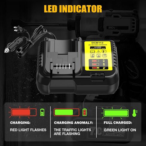 DCB112 Charger Replacement for DeWalt 12V 20V 60V Max Battery with 12V/20V DC Input Cigarette Lighter Plug & 100V-240V AC Input Charger, 2-in-1 Battery Charger and Vehicle Charger in Saudi Arabia