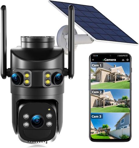 Triple Lens Solar Security Cameras Wireless Outdoor, 2.4G/5G WiFi Camera | 360° Pan/Tilt, 6MP Color Night Vision, PIR Motion Alarm, Spotlight Siren, 2-Way Audio, Easy to Install, Waterproof in Saudi Arabia