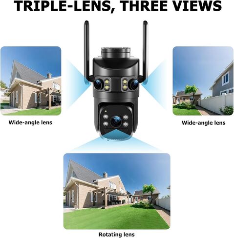Triple Lens Solar Security Cameras Wireless Outdoor, 2.4G/5G WiFi Camera | 360° Pan/Tilt, 6MP Color Night Vision, PIR Motion Alarm, Spotlight Siren, 2-Way Audio, Easy to Install, Waterproof in Saudi Arabia