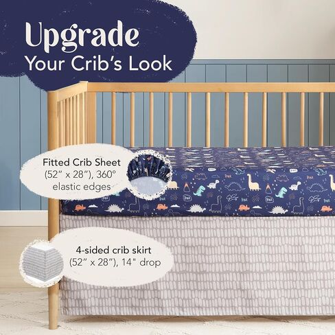 The Hōmistry 3-Piece Crib Bedding Set for Boys - Reversible Quilt, Fitted Sheet, Crib Skirt - Soft, Breathable & Durable Microfiber Baby Crib Bedding Set - Dino Theme in Kuwait