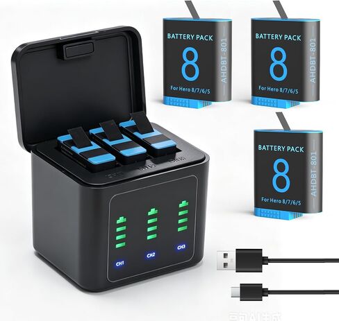 2 Packs 2500mAh Replacement Batteries for Gopro Hero 8/7/6/5 with 3-Channel Type-C Battery Charger Station in Saudi Arabia