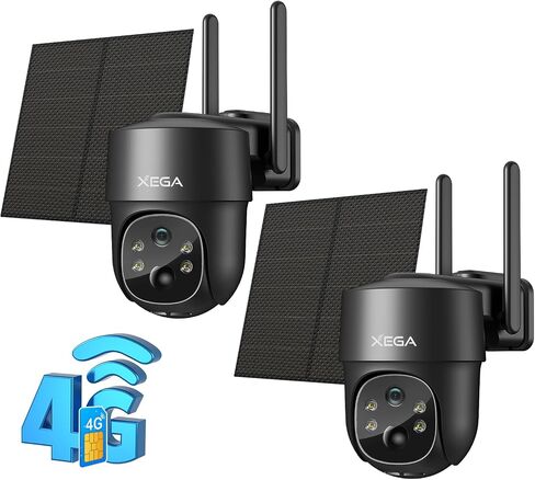 Xega 2 Pack 4G LTE Solar Cellular Security Camera with SIM Card, No WiFi | Outdoor Wireless,2K HD PTZ,Night Vision,Motion Detection,2-Way Talk,TF Cloud Storage,2 Way Talk,Subscription Required in Kuwait