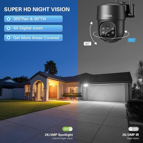Xega 2 Pack 4G LTE Solar Cellular Security Camera with SIM Card, No WiFi | Outdoor Wireless,2K HD PTZ,Night Vision,Motion Detection,2-Way Talk,TF Cloud Storage,2 Way Talk,Subscription Required in Kuwait