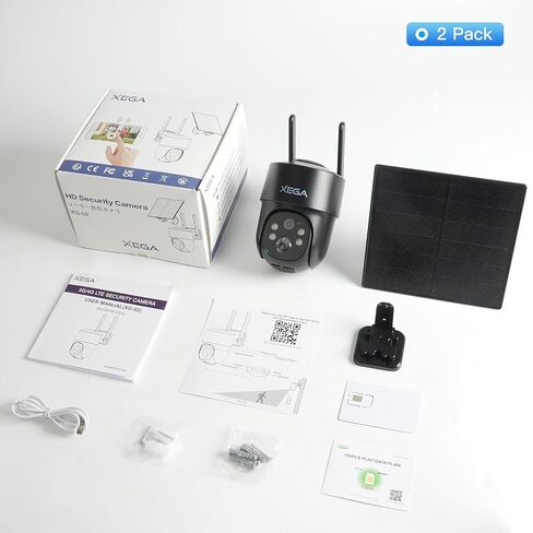Xega 2 Pack 4G LTE Solar Cellular Security Camera with SIM Card, No WiFi | Outdoor Wireless,2K HD PTZ,Night Vision,Motion Detection,2-Way Talk,TF Cloud Storage,2 Way Talk,Subscription Required in Kuwait