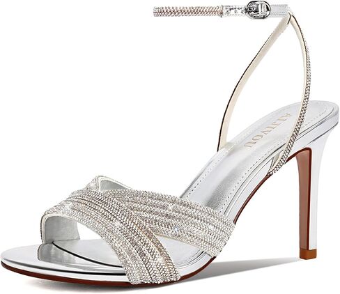 Women's Rhinestone Stiletto Heeled Sandal Round Open Toe Summer Ankle Strap Stilettos High Heels with Beadeed Rhinestone Crystal Sparkly Dressy Sandal for Bride, Wedding, Party, Shopping (silver,8.5 M US) in Kuwait