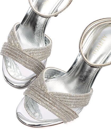 Women's Rhinestone Stiletto Heeled Sandal Round Open Toe Summer Ankle Strap Stilettos High Heels with Beadeed Rhinestone Crystal Sparkly Dressy Sandal for Bride, Wedding, Party, Shopping (silver,8.5 M US) in Kuwait