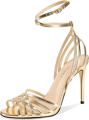 HOCHFART Gold Strappy Heels for Women High Heels Slingback Sandals Lace up Sexy Stiletto Heeled Open Square Toe Party Summer Dress Shoes Size 6.5 in Saudi Arabia