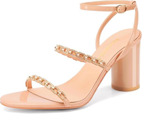 FINDVELL Women's Strappy Heels Rhinestone Chain Chunky Block Heel Sandals Round Open Toe Glitter Ankle Strap Party Wedding Dress Shoes in Saudi Arabia