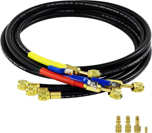 2026 Upgraded 1/4″ A2L Refrigerant Hose, 6FT, Pressure Relief Groove Design | HVAC Hose with Compact Ball Valve, 1/4" Flare Fittings, for R1234YF/ R134A/ R32/ R454B/R410A, with 2 R410a brass adapters in Kuwait