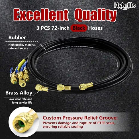 2026 Upgraded 1/4″ A2L Refrigerant Hose, 6FT, Pressure Relief Groove Design | HVAC Hose with Compact Ball Valve, 1/4" Flare Fittings, for R1234YF/ R134A/ R32/ R454B/R410A, with 2 R410a brass adapters in Kuwait